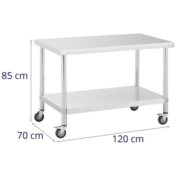 Royal Catering Bord i rostfritt stål med hjul - 70 x 120 cm - 158 kg lastkapacitet - Royal Catering