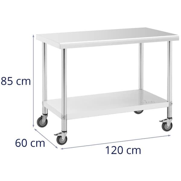 Royal Catering Bord i rostfritt stål med hjul - 60 x 120 cm - 158 kg lastkapacitet - Royal Catering