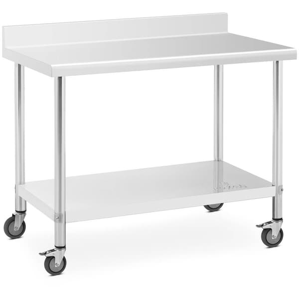 Royal Catering Bord i rostfritt stål med hjul - 60 x 120 cm - bakstycke - 158 kg lastkapacitet - Royal Catering