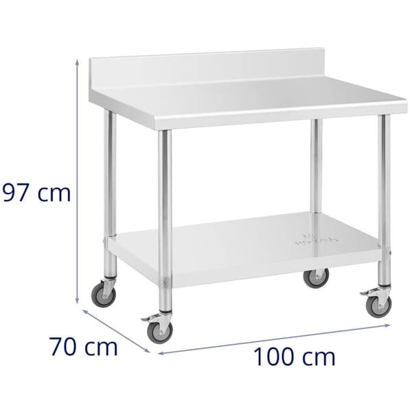 Royal Catering Bord i rostfritt stål med hjul - 70 x 100 cm - bakstycke - 155 kg lastkapacitet - Royal Catering