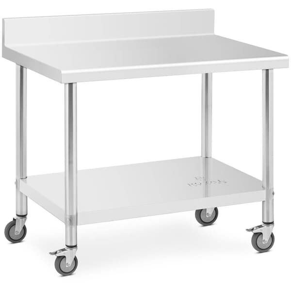 Royal Catering Bord i rostfritt stål med hjul - 70 x 100 cm - bakstycke - 155 kg lastkapacitet - Royal Catering