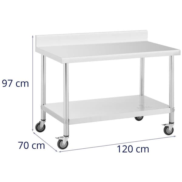 Royal Catering Bord i rostfritt stål med hjul - 70 x 120 cm - bakstycke - 158 kg lastkapacitet - Royal Catering