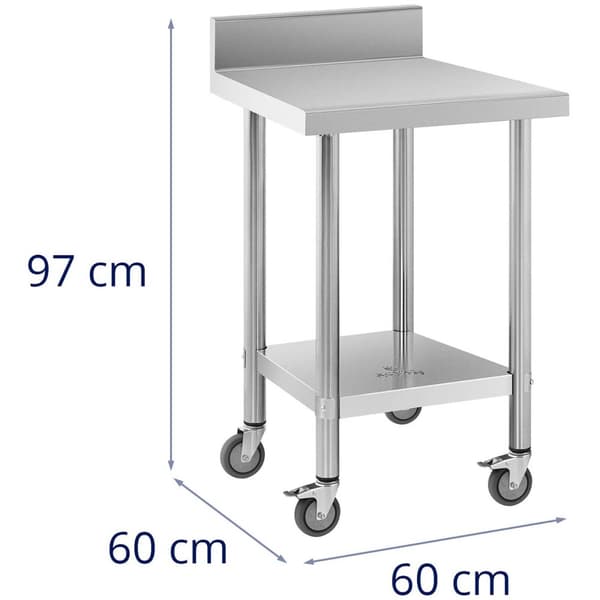 Royal Catering Bord i rostfritt stål med hjul - 60 x 60 cm - bakstycke - 120 kg belastningskapacitet - Royal Catering