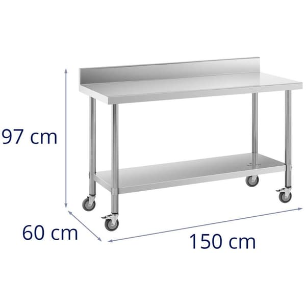 Royal Catering Bord i rostfritt stål med hjul - 60 x 150 cm - bakstycke - 160 kg lastkapacitet - Royal Catering