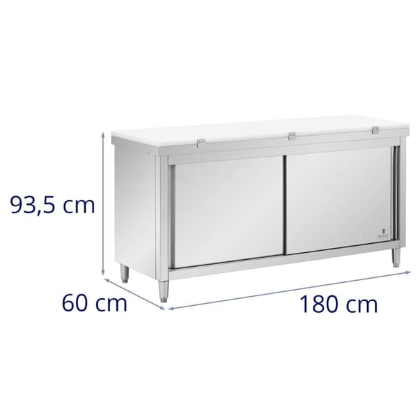 Royal CateringArbetsskåp i rostfritt stål - 180 x 60 cm - 500 kg lastkapacitet - Inkl. skärbräda - Royal Catering