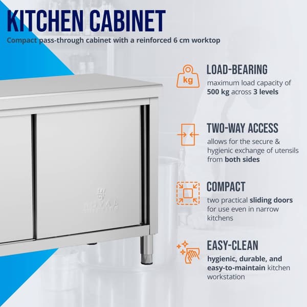 Royal Catering - Arbetsskåp i rostfritt stål - Genomgående - ECO - 140 x 60 cm - 500 kg