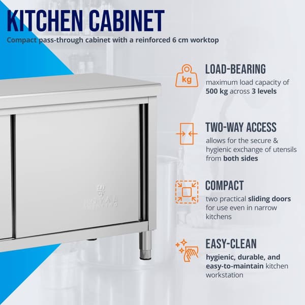 Royal Catering - Arbetsskåp i rostfritt stål - Genomgående - ECO - 160 x 60 cm - 500 kg