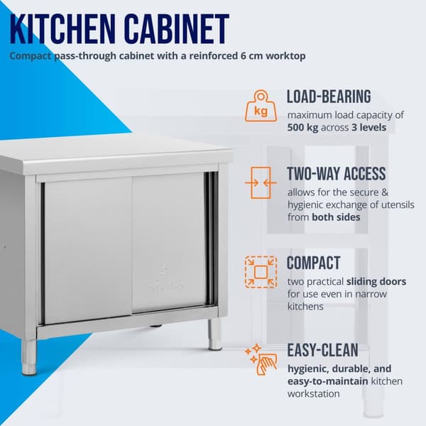 Royal Catering - Arbetsskåp i rostfritt stål - Genomgående - ECO - 100 x 70 cm - 500 kg