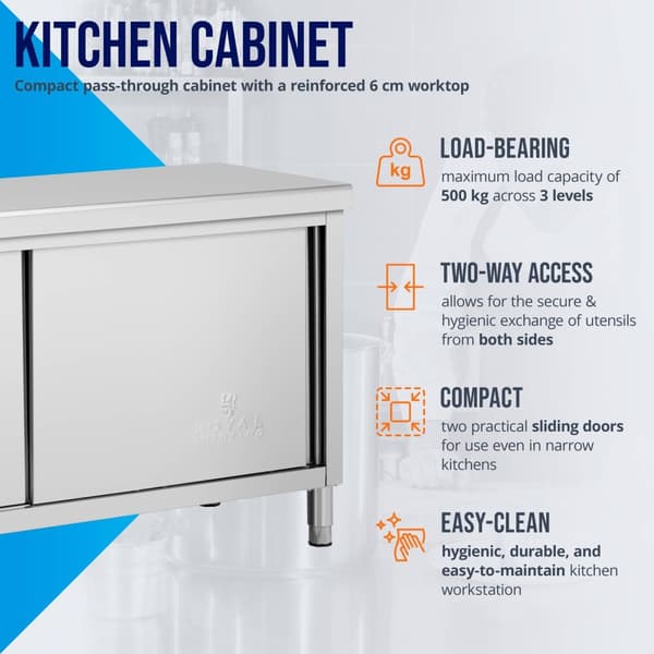 Royal Catering - Arbetsskåp i rostfritt stål - Genomgående - ECO - 180 x 60 cm - 500 kg