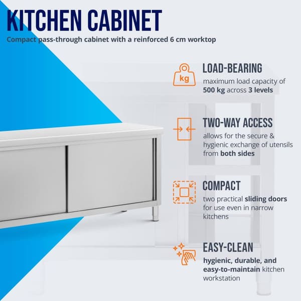 Royal Catering - Arbetsskåp i rostfritt stål - Genomgående - ECO - 200 x 60 cm - 500 kg