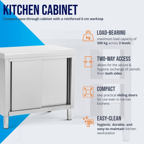 Royal Catering - Arbetsskåp i rostfritt stål - Genomgående - ECO - 100 x 60 cm - 500 kg