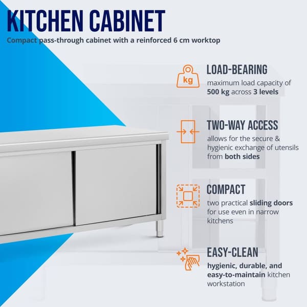 Royal Catering - Arbetsskåp i rostfritt stål - Genomgående - ECO - 180 x 70 cm - 500 kg