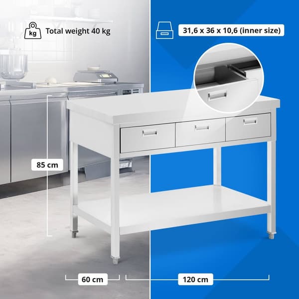 Arbetsbord i rostfritt stål - 120 x 60 cm - 436 kg - 3 lådor - Royal Catering