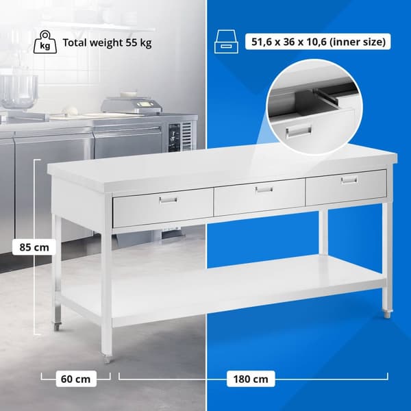 Arbetsbord i rostfritt stål - 180 x 60 cm - 436 kg - 3 lådor - Royal Catering