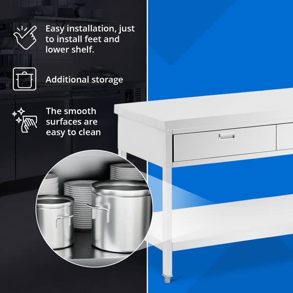 Arbetsbord i rostfritt stål - 200 x 60 cm - 436 kg - 3 lådor - Royal Catering