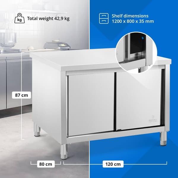 Royal Catering - Arbetsskåp i rostfritt stål - ECO - 120 x 80 cm - 500 kg