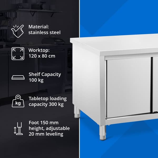 Royal Catering - Arbetsskåp i rostfritt stål - ECO - 120 x 80 cm - 500 kg