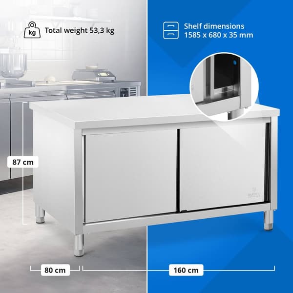 Arbetsskåp i rostfritt stål - 160 x 80 cm - 500 kg - Royal Catering