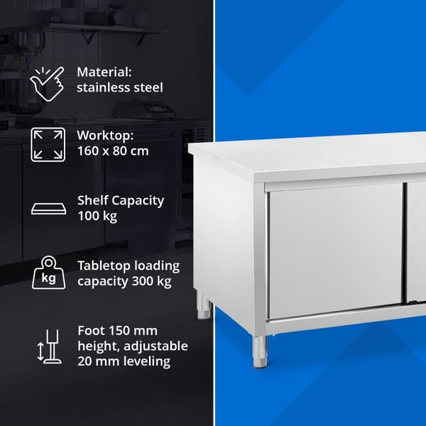 Arbetsskåp i rostfritt stål - 160 x 80 cm - 500 kg - Royal Catering