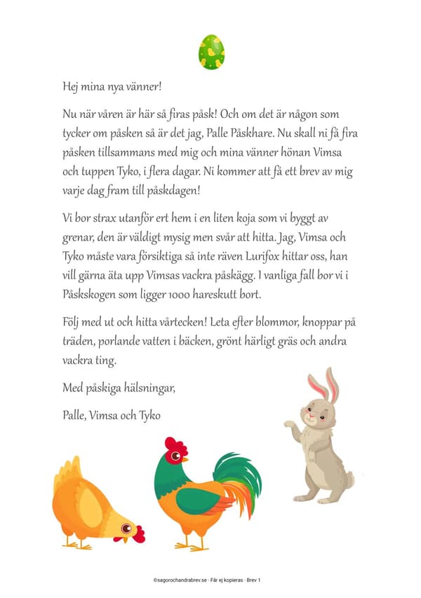 Påskbreven - fira med Palle Påskhare / hare /höna / tupp / påskägg