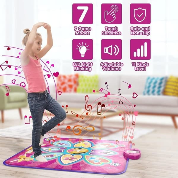 Bästsäljande dansmatta för barn - 7 spellägen, 10 utmaningsnivåer, 10 inbyggda låtar och LED-lampor, Dansmatta med musik och LED-ljus