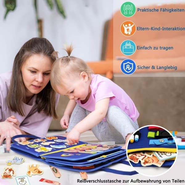 Montessori Busy Board för Barn 1-4 År, 12-Sidig Aktivitetsleksak med Reißverschluss