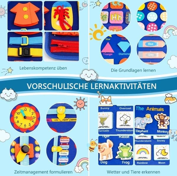 Montessori Busy Board för Barn 1-4 År, 12-Sidig Aktivitetsleksak med Reißverschluss