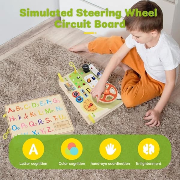 OBOSOE Montessori Trä Busy Board med Ratt och LED, Sensorisk Leksak för Barn 1-3 År