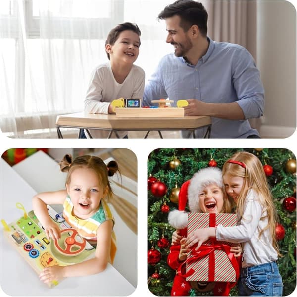 OBOSOE Montessori Trä Busy Board med Ratt och LED, Sensorisk Leksak för Barn 1-3 År
