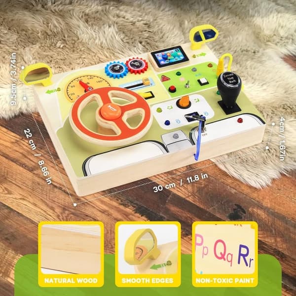 OBOSOE Montessori Trä Busy Board med Ratt och LED, Sensorisk Leksak för Barn 1-3 År