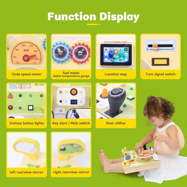 OBOSOE Montessori Trä Busy Board med Ratt och LED, Sensorisk Leksak för Barn 1-3 År