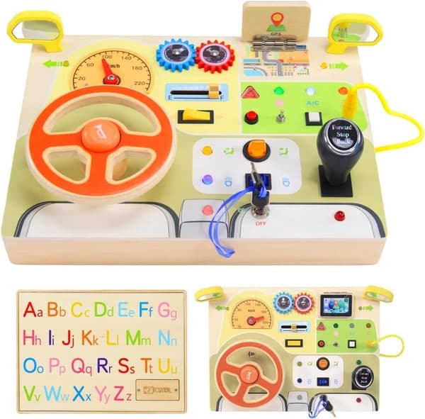 OBOSOE Montessori Trä Busy Board med Ratt och LED, Sensorisk Leksak för Barn 1-3 År