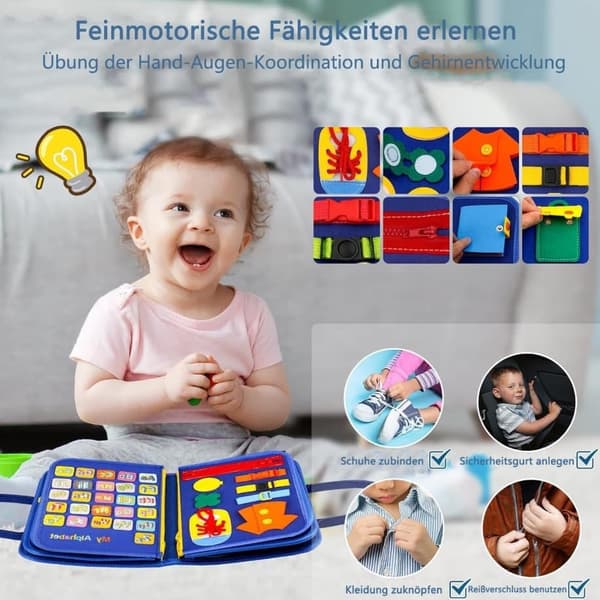Montessori-aktiviteettilelu 1-4-vuotiaille lapsille – 12-puolinen kiireinen lauta vetoketjulla, nappiharjoittelulla ja aistiharjoituksilla