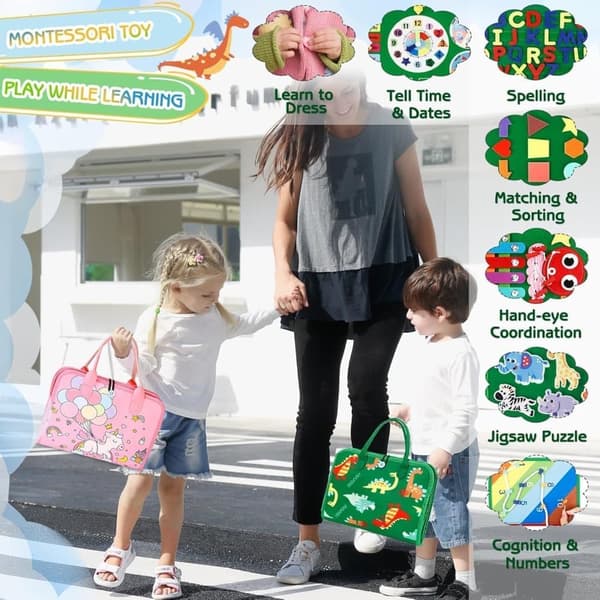 OBOSOE Montessori -aktiviteettikirja 1-4-vuotiaille lapsille, 12-puolinen oppimislelu soljilla ja vetoketjuilla