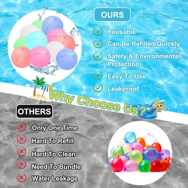 OBOSOE 10 stykker genanvendelige vandballoner, silikone vandbomber, vandballoner til sommer udendørs, vandballoner til strand, pool, fest