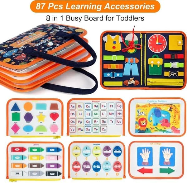 Lollanda Montessori Activity Board 1-4 år, Busy Board Montessori Toy – Rejselegetøj, 8 temaer og 20 Life Skills Montessori spil