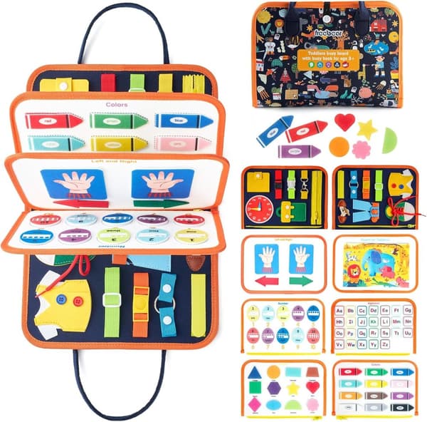 Lollanda Montessori Activity Board 1-4 år, Busy Board Montessori Toy – Rejselegetøj, 8 temaer og 20 Life Skills Montessori spil
