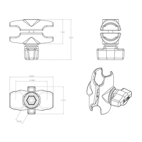 Ram Mounts Stöd Double Socket Arm B Size Svart
