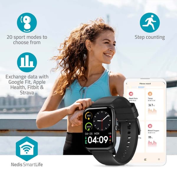 Nedis SmartLife Ur | 1.69 " | LCD | IP68 | Maksimal driftstid: 240 timer | Android™ / IOS | Sort