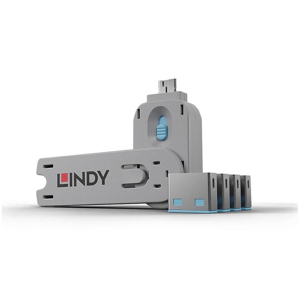 Lindy USB-portlås (4 stk) med nøgle: Kode BLÅ (40452)