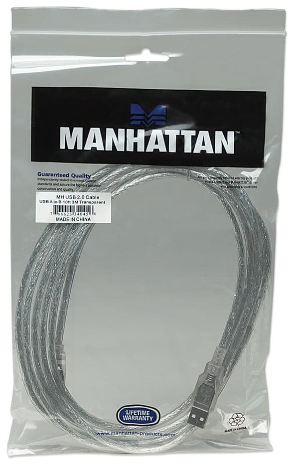Manhattan 340458 Hi-Speed USB 2.0 -liitäntäkaapeli (tyypin A liitin tyypin B liittimeen) 3 m kirkas/hopea