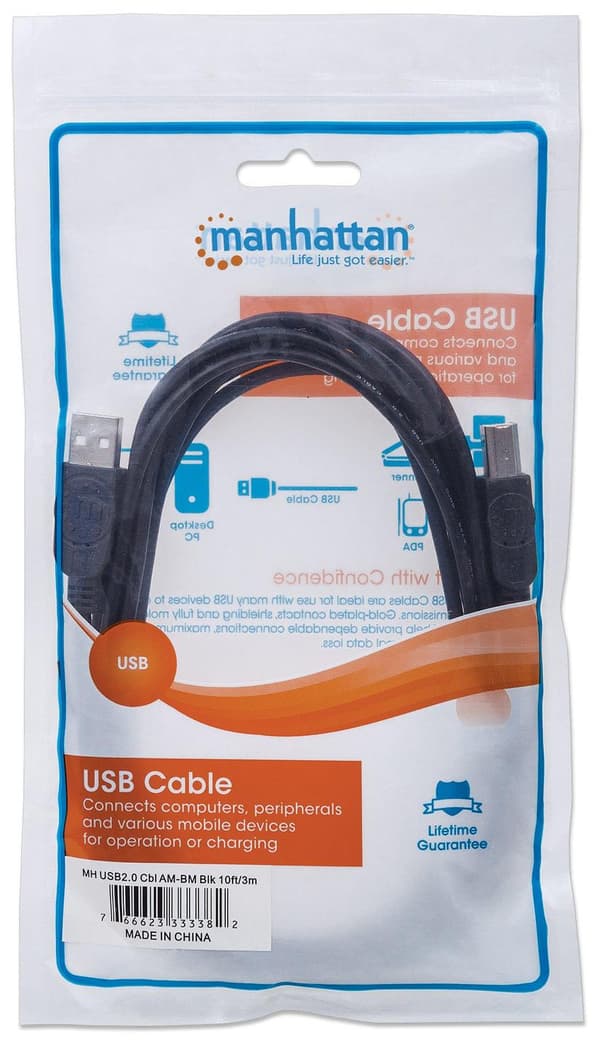 Manhattan - USB-kaapeli - USB-tyyppi A, 4-nastainen (M) - USB-tyyppi B, 4-nastainen (M) - 3,0 m (USB/USB2.0) (333382)
