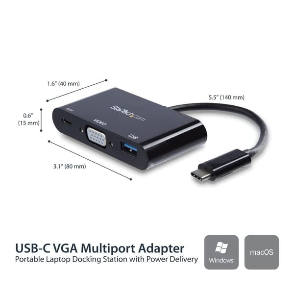 StarTech.com USB-C til VGA multifunktionsadapter med strømforsyning og USB-A-port
