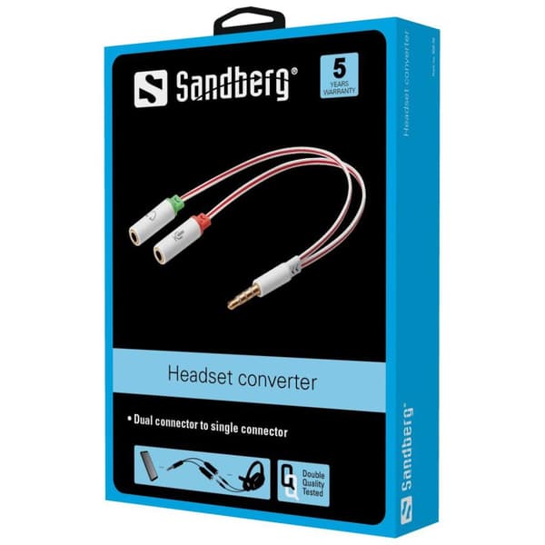 SANDBERG headset konverter dobbelt til enkelt. Konverterer to MiniJack fra PC-Head-Set til en combo MiniJack. (508-59)