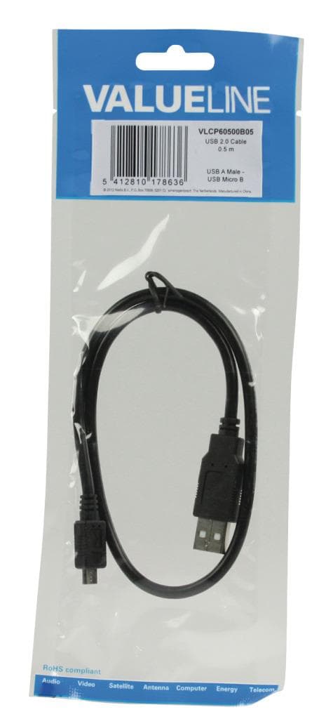 Valueline Vlcp60500b05 Usb 2.0 Usb A Hane - Usb Micro B Hane Kabel 0,50 M Svart