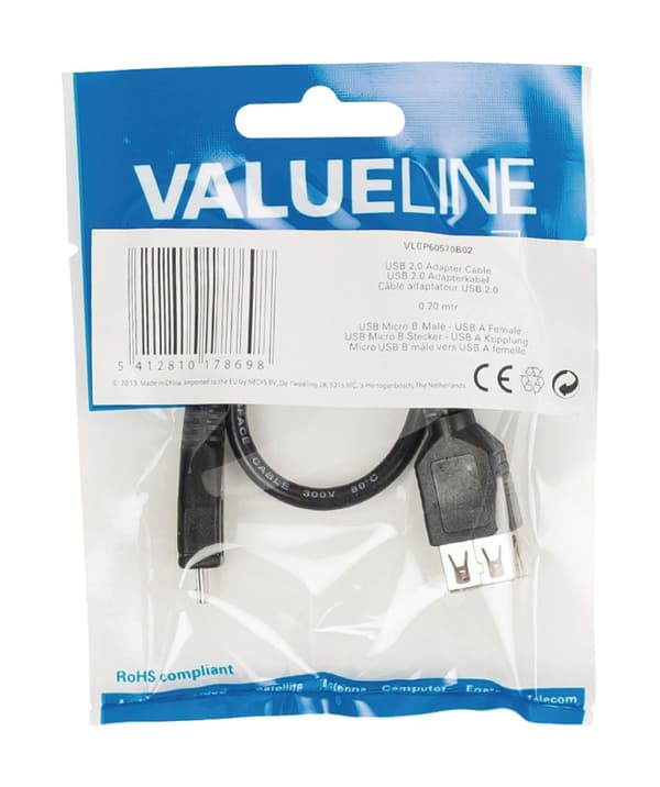 Valueline Vlcp60570b02 Usb 2.0 Usb Micro B Hane - Usb A Hona Adapterkabel 0,20m Svart
