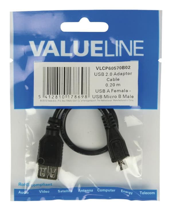 Valueline Vlcp60570b02 Usb 2.0 Usb Micro B Hane - Usb A Hona Adapterkabel 0,20m Svart