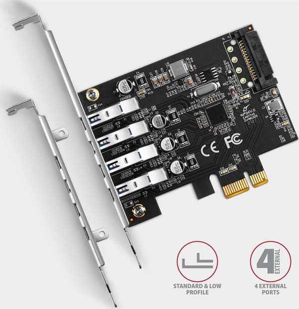 AXAGON PCEU-43RS PCIe-sovitin 4x USB3.0 UASP VIA, 15-nastainen SATA-virtalähde (PCEU-43RS)