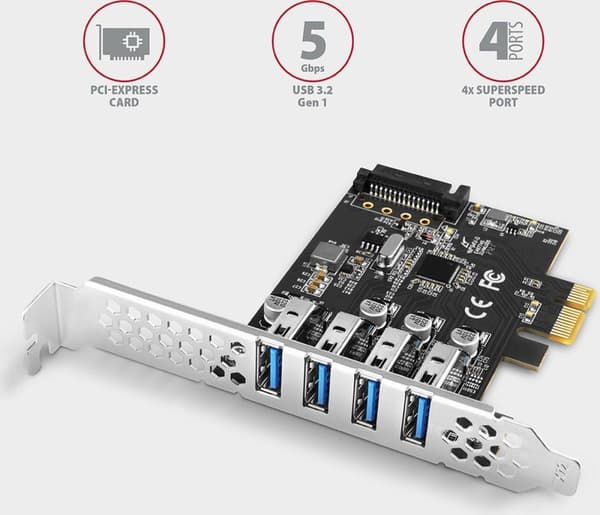 AXAGON PCEU-43RS PCIe-sovitin 4x USB3.0 UASP VIA, 15-nastainen SATA-virtalähde (PCEU-43RS)