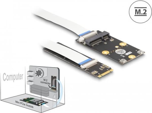 Delock konverter M.2 Key B+M stik til 1 x Mini PCIe slot halv størrelse / fuld størrelse med fleksibelt kabel (64221) Sort